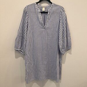 H & M Linen Blend Blue White Striped Tunic Mini Dress Size M Beach Vacation Chic